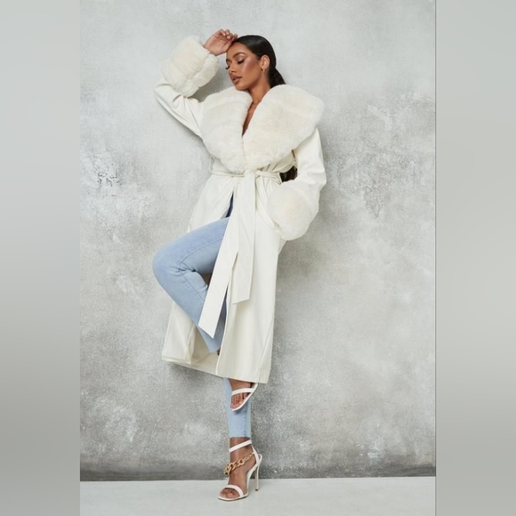 Stone Faux Leather Faux Fur Trench Coat - Picture 6 of 6